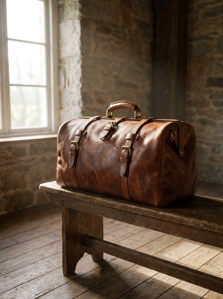 Oversized leather weekend duffel bag resting on a bench