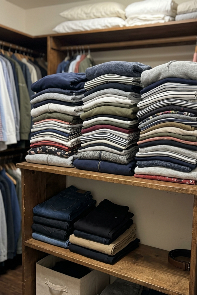 Closet shelves showing an imbalance between tops and bottoms