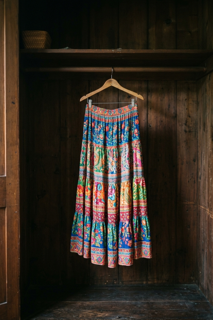 A single colorful skirt hanging alone in a closet