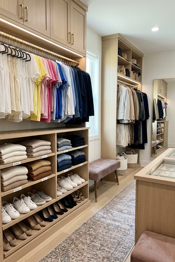 Well organized closet with clothing grouped by color and category