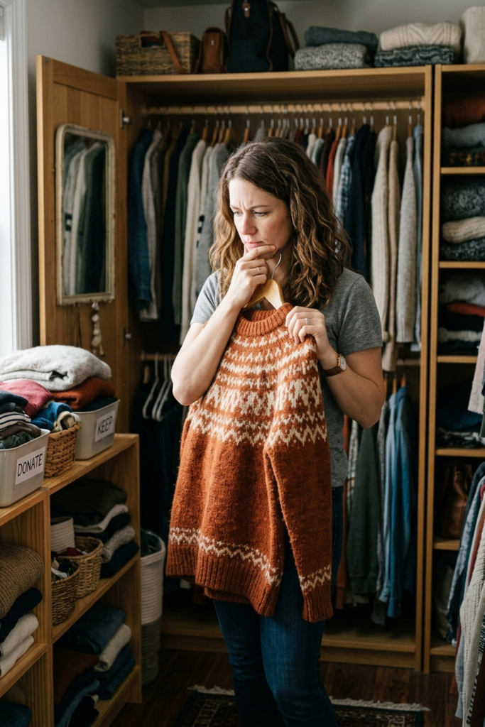 Woman thoughtfully considering whether to keep a sweater