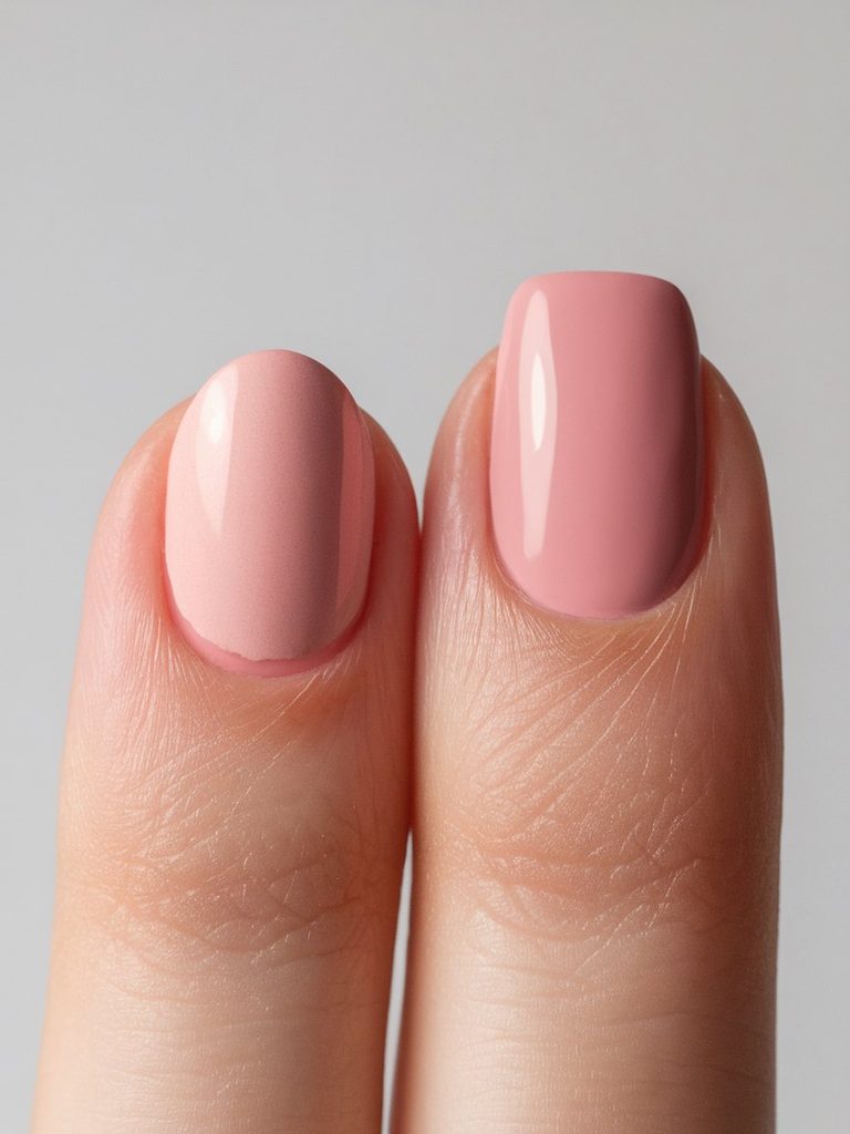 Round and soft square nail shapes compared side by side on short nails