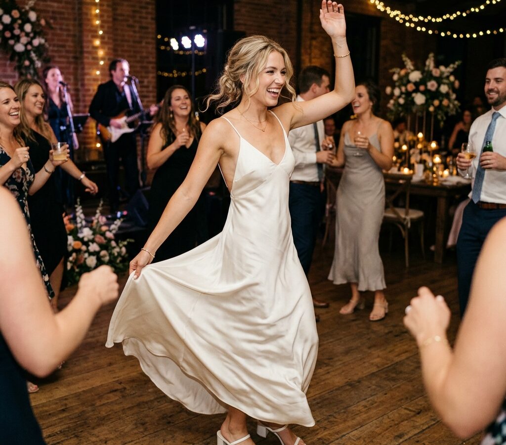 Bride dancing at her wedding reception in a lightweight second-look slip dress