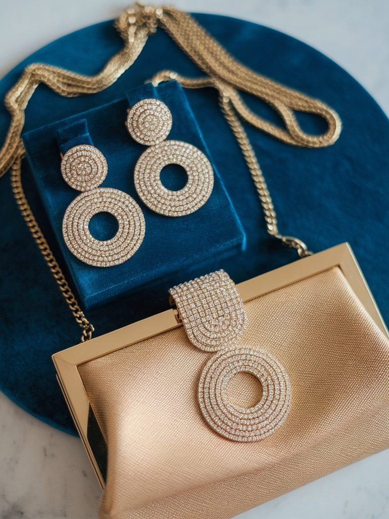 Small evening clutch and statement jewelry styled for cocktail attire