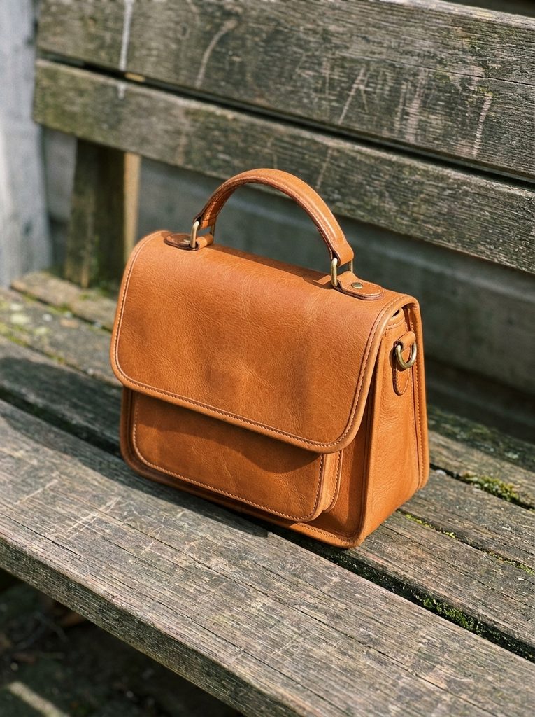 Structured mid-size leather flap handbag with a top handle