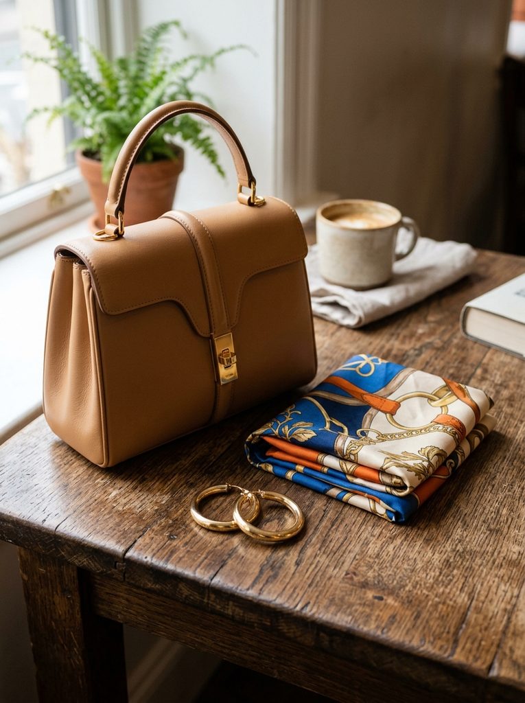Structured handbag, gold hoop earrings, and folded scarf arranged on a wooden table