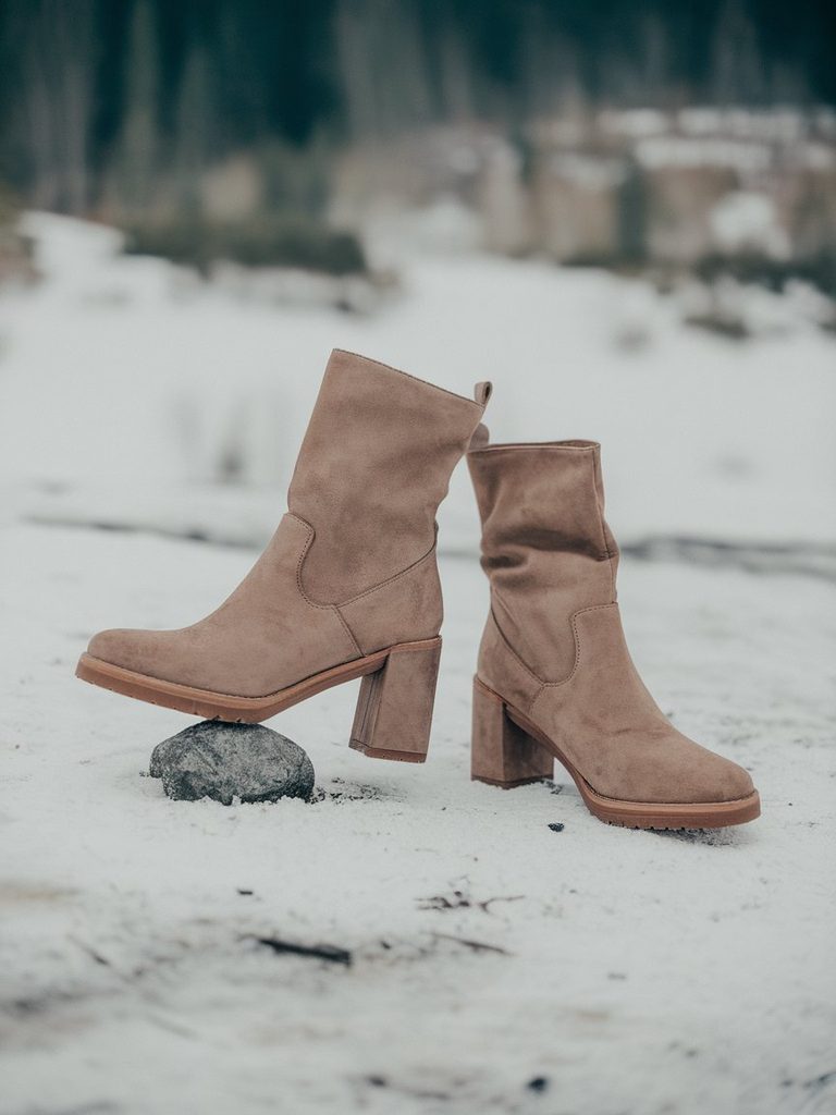 Suede boots and block heels suited to icy winter wedding terrain