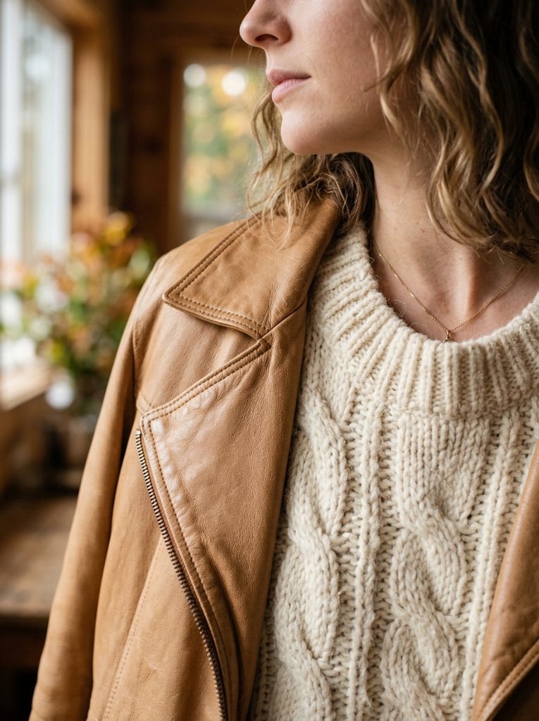 Chunky cream knit layered under a smooth camel leather jacket