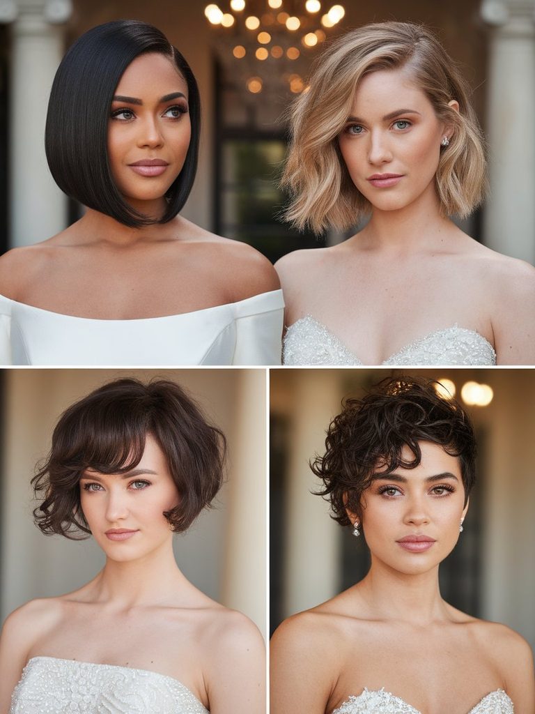 Three brides with different short hair lengths styled for a bridal look