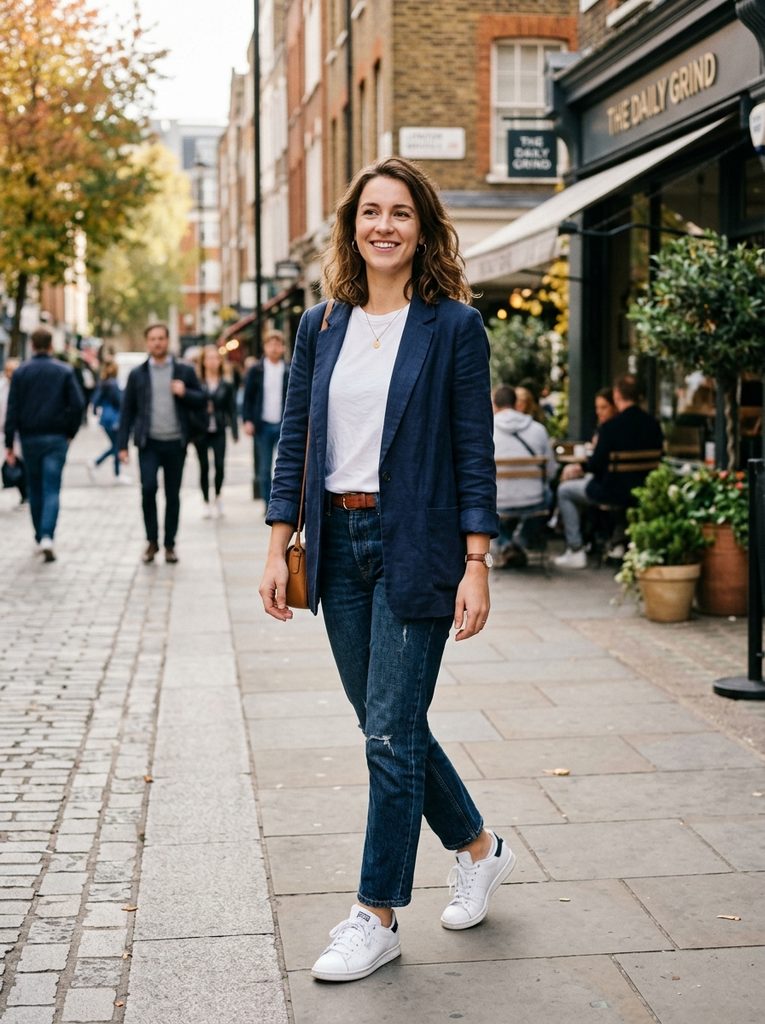 Woman wearing a blazer over a t-shirt and jeans for a casual look