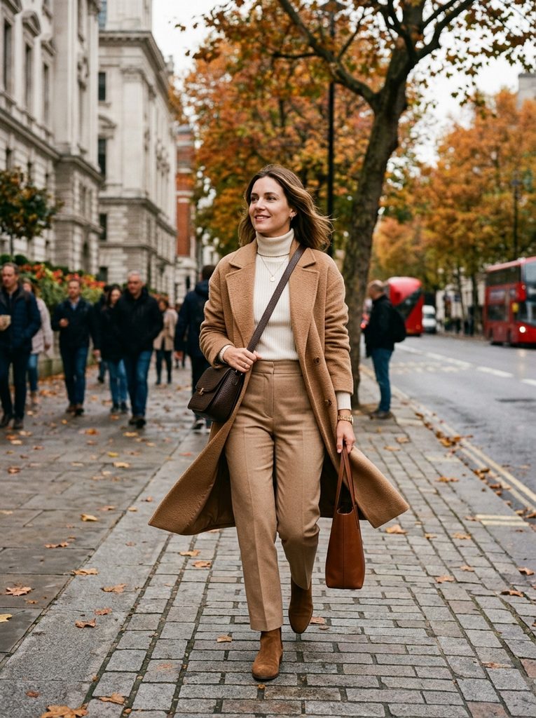 Woman wearing a tonal warm neutral outfit in cream, camel, and tan