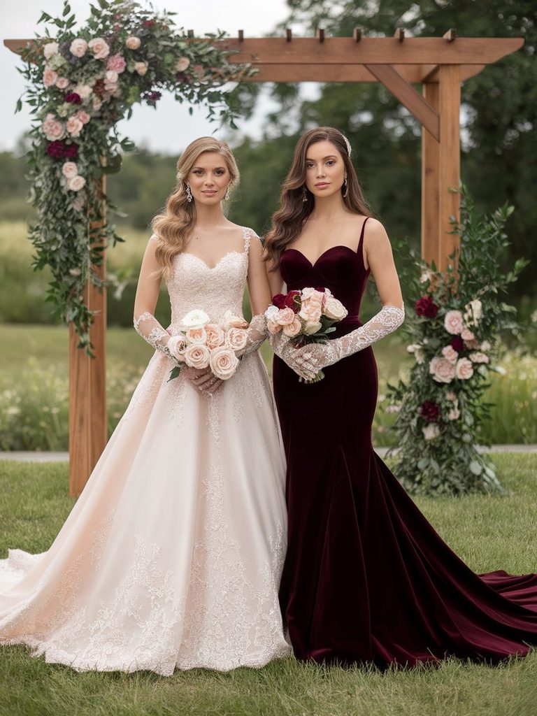 Two brides comparing a pale blush gown and a deep burgundy gown
