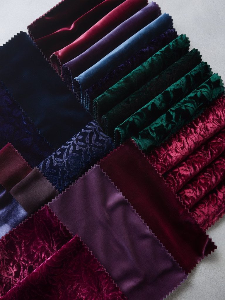 Velvet and jacquard fabric swatches in deep winter jewel tones