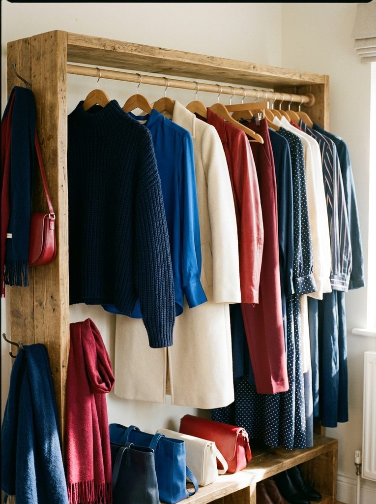 Wardrobe rail with navy, cobalt, cream, and cherry red pieces