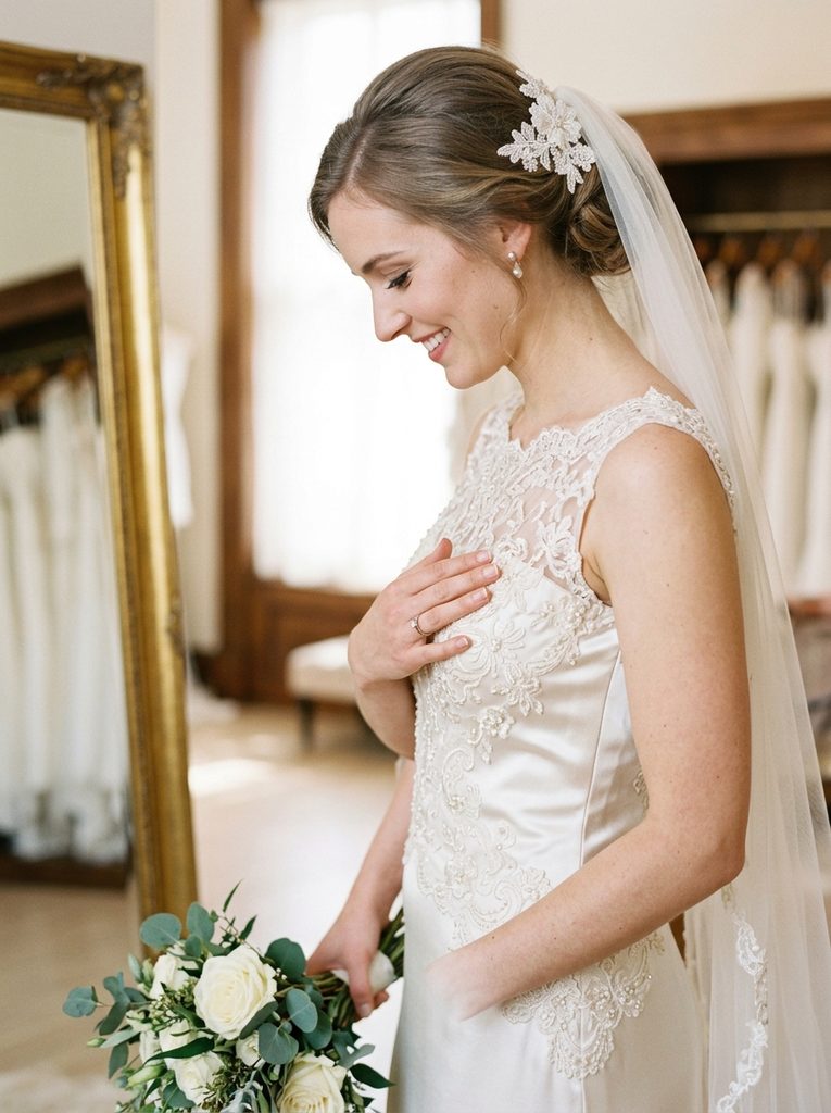 Bride touching the fabric texture of a silk satin and lace wedding gown bodice