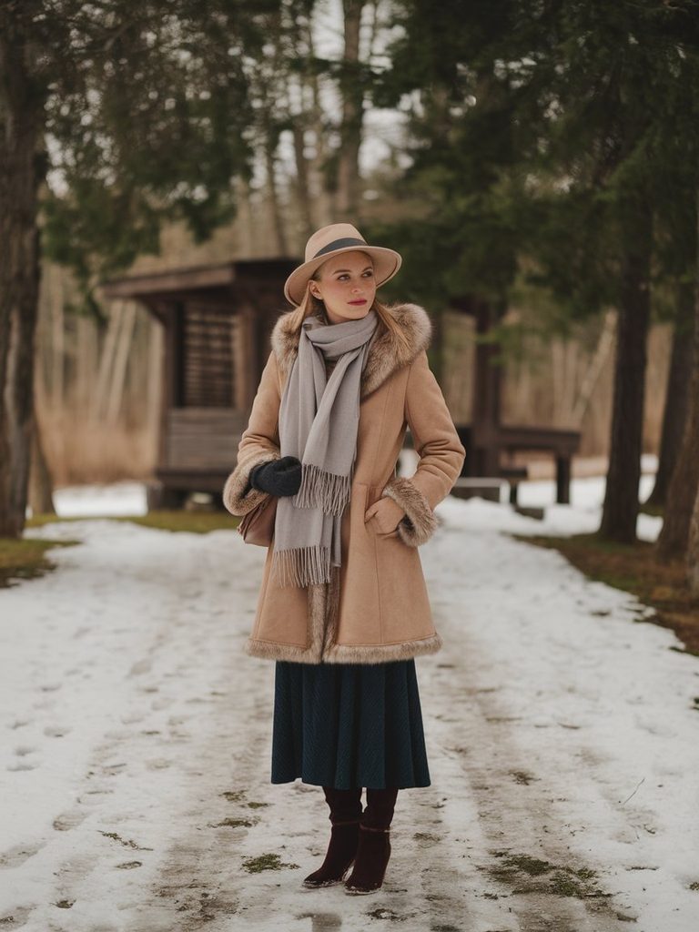 Wedding guest dressed for outdoor winter wedding photography