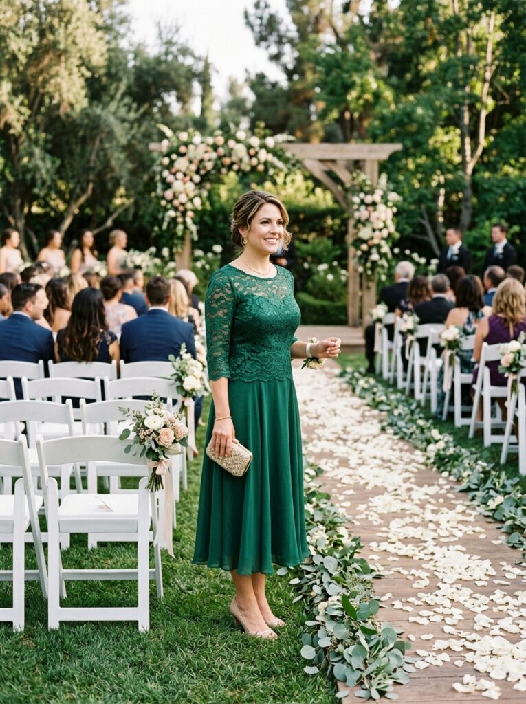 Wedding guests in coordinated formal attire standing near a ceremony aisle