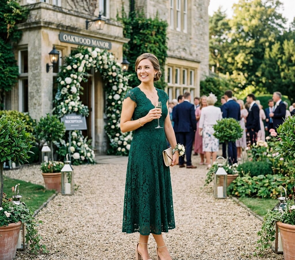 Well-dressed wedding guests in formal attire outside a wedding venue
