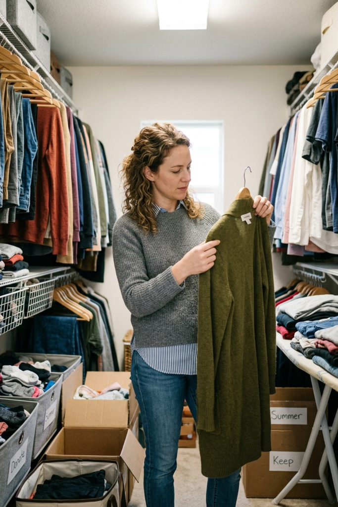 Woman examining a garment while sorting through her closet