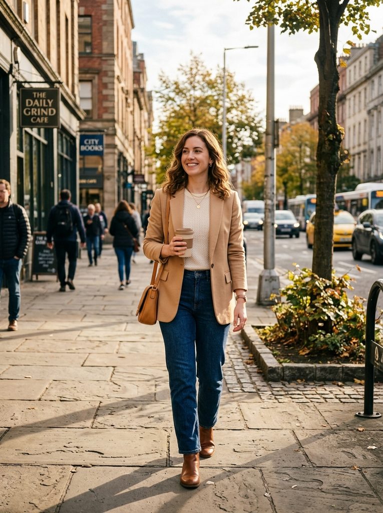 Woman in jeans, cream knit top, and camel blazer standing on a city sidewalk in morning light