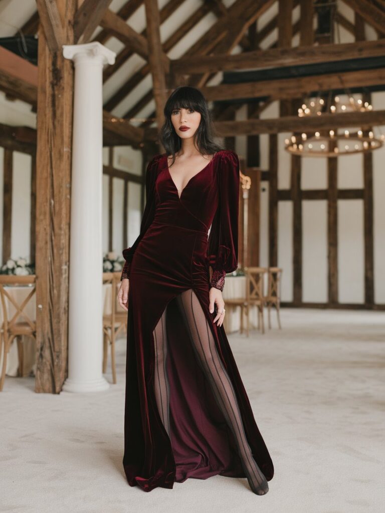 Woman wearing a deep burgundy velvet dress with sheer opaque tights at an indoor winter wedding