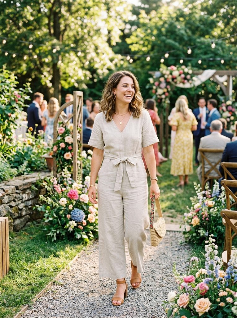 Woman wearing a relaxed linen jumpsuit for an outdoor summer wedding