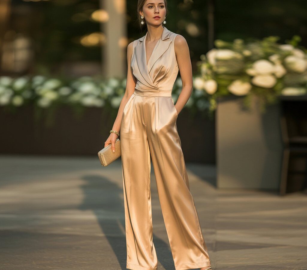 Woman wearing a silk jumpsuit as wedding guest cocktail attire
