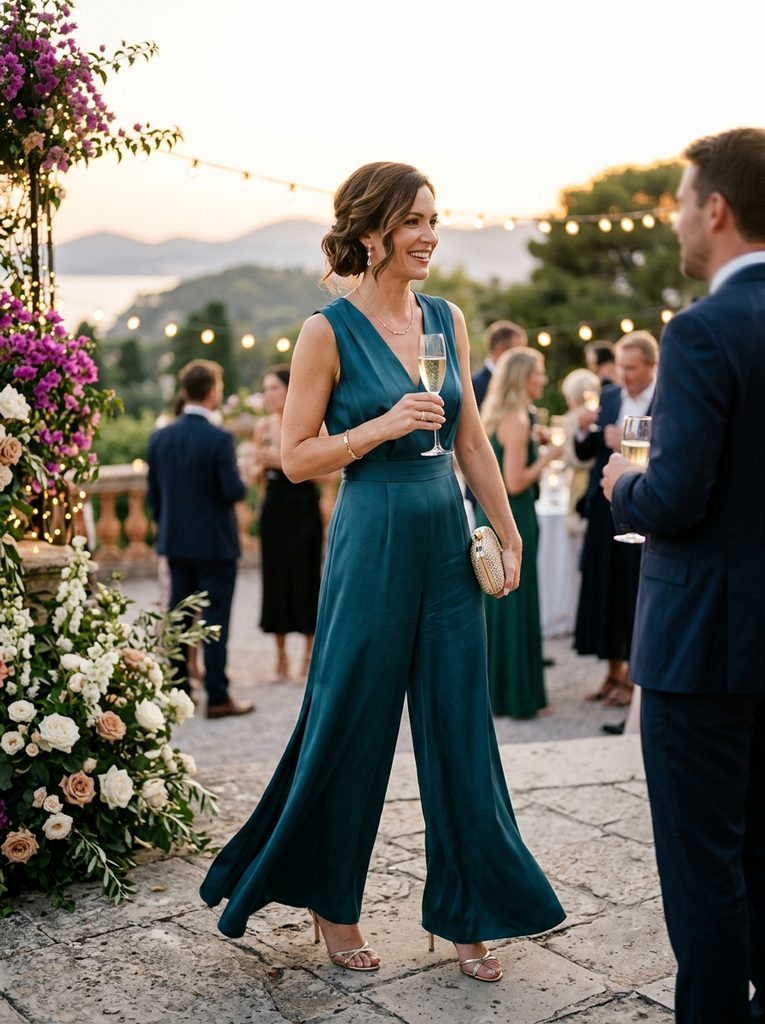 Woman wearing a silk jumpsuit as wedding guest cocktail attire