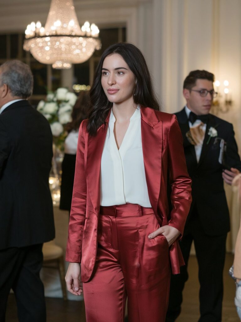 Woman wearing a silk pantsuit at an evening wedding reception