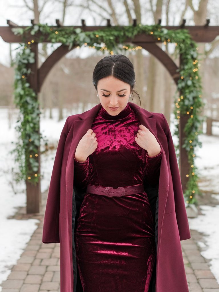 Woman wearing a velvet dress and tailored coat at a winter wedding