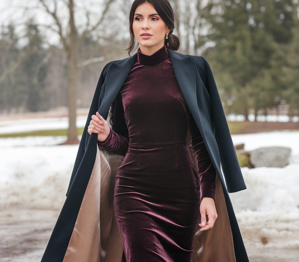 Woman wearing a velvet dress and tailored coat at a winter wedding