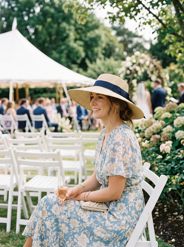 Woman wearing a wide-brimmed straw hat for sun protection at an outdoor summer wedding