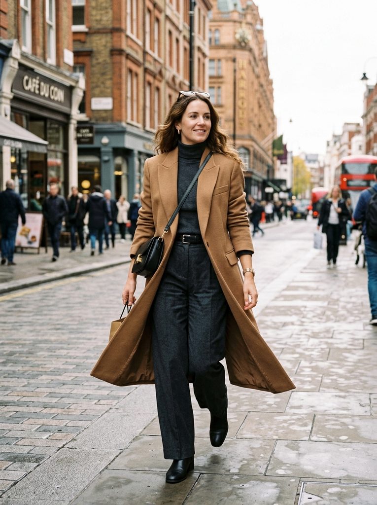 Woman wearing a long blazer open over a monochrome outfit like a coat