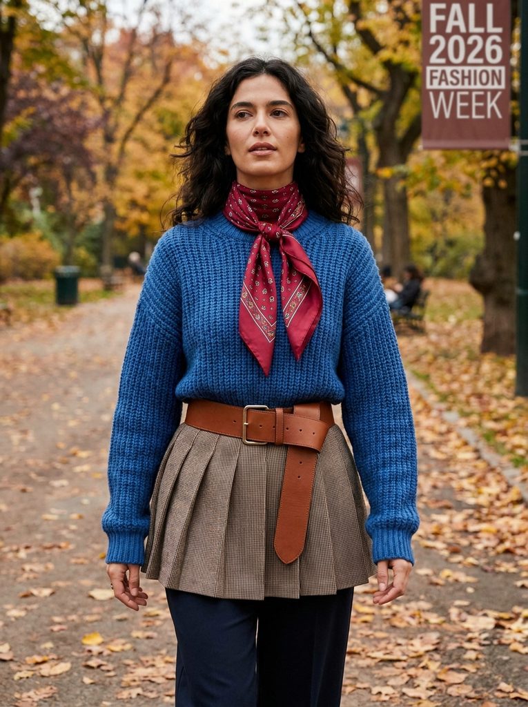 Flat lay of a midnight blue sweater, cherry red silk scarf, and brown belt for fall 2026