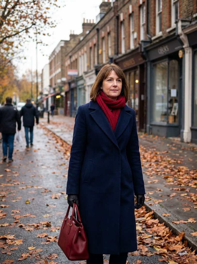 Woman in a midnight blue wool coat with a cherry red handbag and scarf on an autumn street