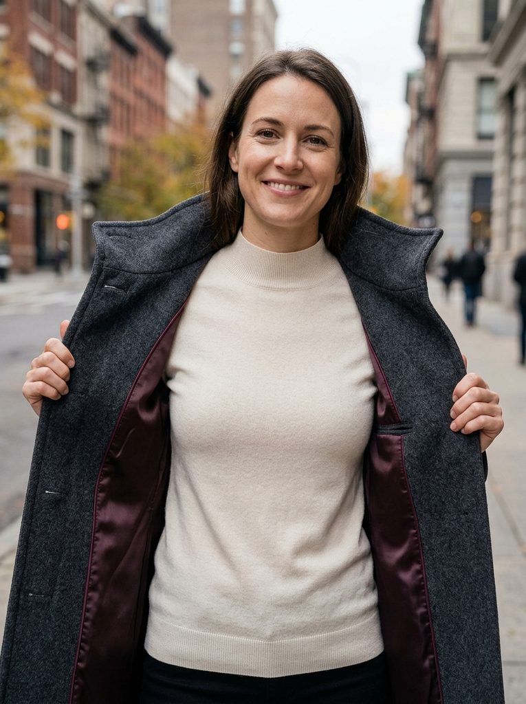 Woman opening a tailored wool coat with a funnel collar to show a smooth lining and fine knit