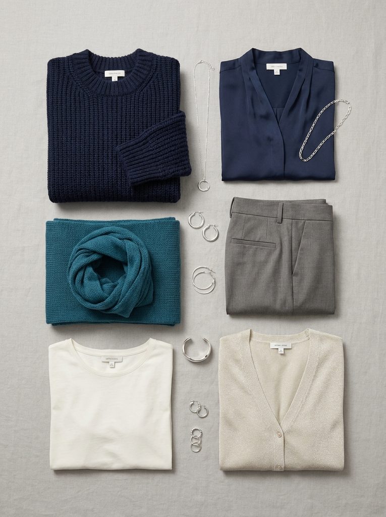 Flat-lay of midnight navy, ink blue, teal, pewter, ivory, and pearl clothing with silver jewelry