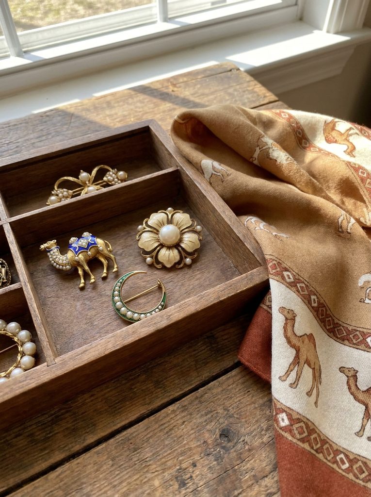 Jewelry tray with gold, pearl, and enamel brooches beside a camel scarf