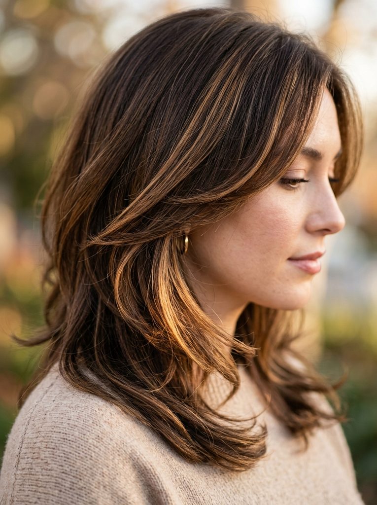 Close-up of layered brown hair with soft caramel balayage