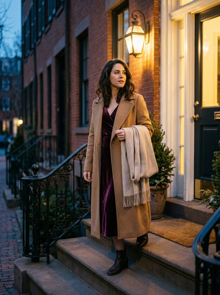 Woman in a camel wool coat over a plum velvet dress holding a cashmere wrap on a lit front step