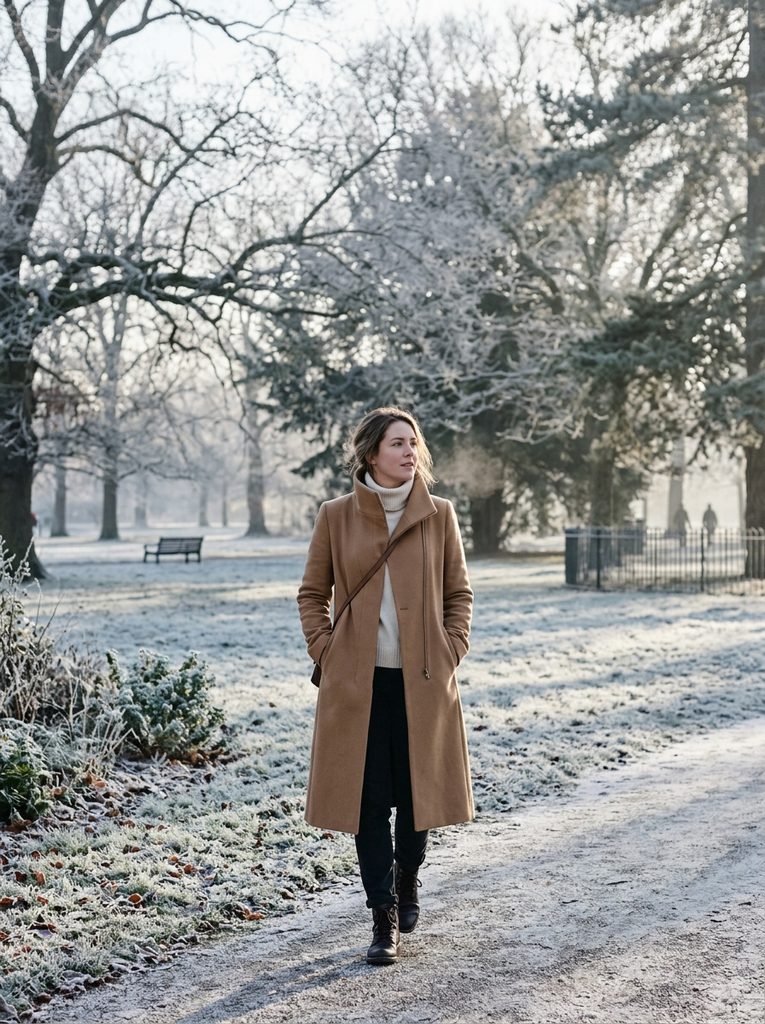 Woman in a camel funnel-collar coat and ivory merino turtleneck walking through a frosty park