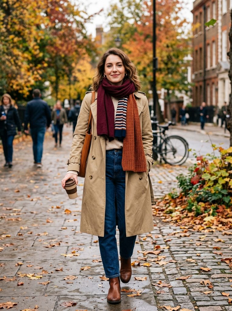 Khaki trench wearing woman with rust, striped, and burgundy scarves