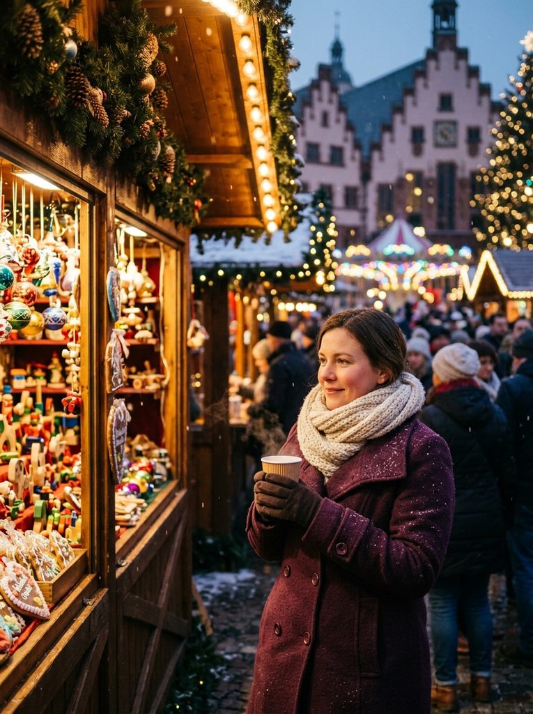 Woman in a plum wool coat and cream scarf beside a Christmas market stall lit with warm string lights