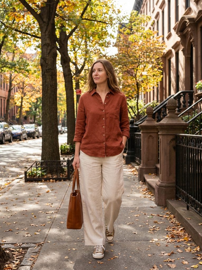 Daytime early fall outfit with linen shirt and trousers on city street
