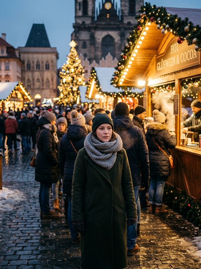 Woman in a dark green wool coat and grey scarf waiting in line at a Christmas market stall on cobblestones