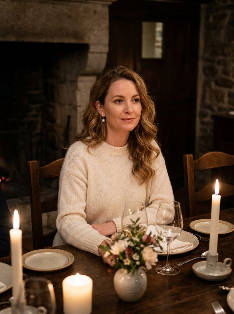 Woman in an ivory knit top and pearl earrings seated at a candlelit dinner table