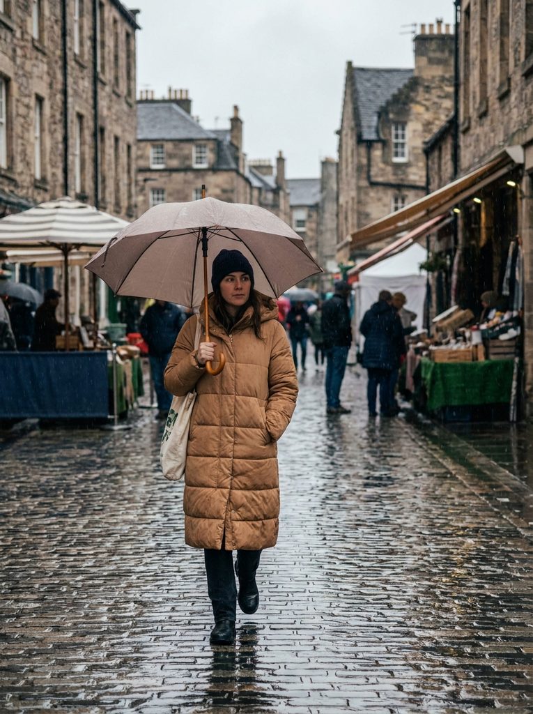 Woman in a long padded camel coat and beanie walking a wet cobbled market street in light drizzle