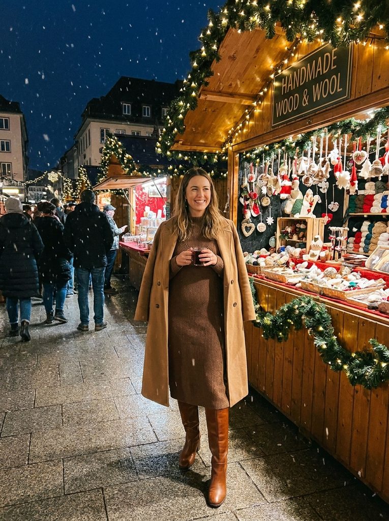 Woman in a brown knit midi dress, tall boots, and open camel coat at an evening Christmas market stall