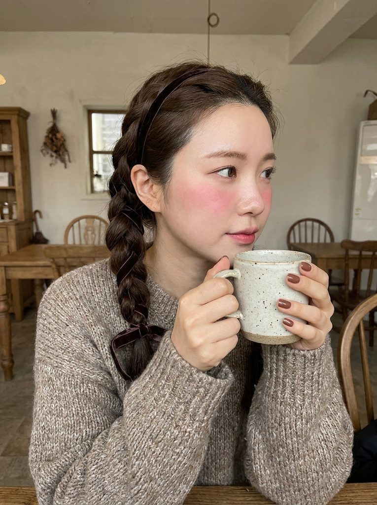 Woman with a velvet-ribbon braid, rosy cheeks, and cocoa-brown nails holding a ceramic mug