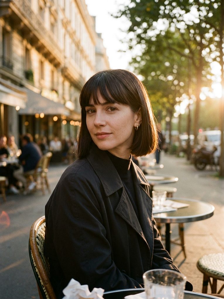 Woman with a sleek straight French bob and clean fringe in warm evening light